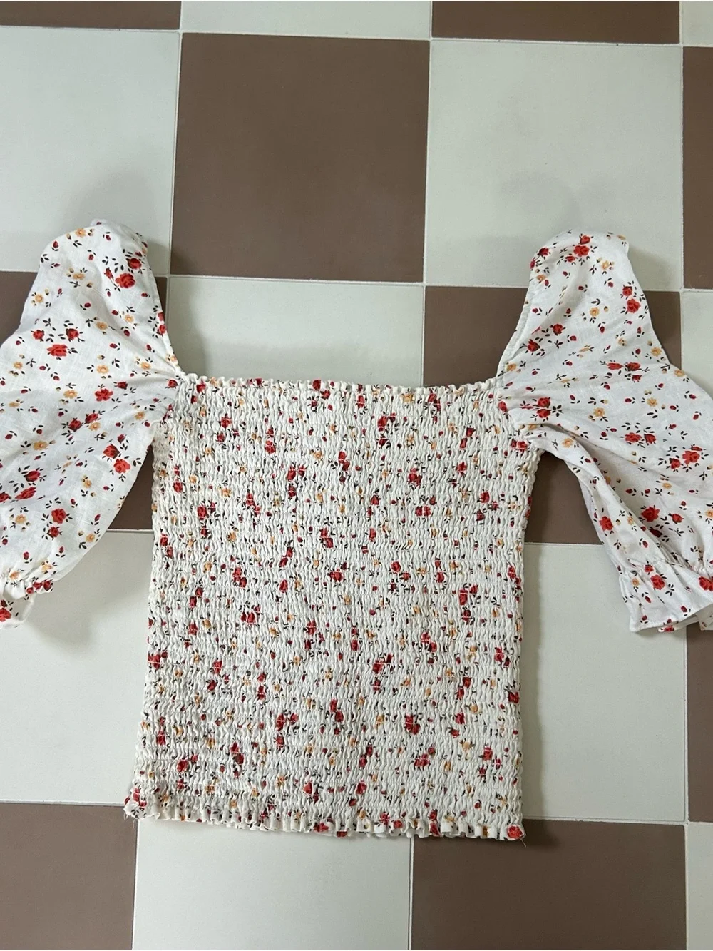 Reformation Clementine Floral Smocked Linen Top Puff Sleeve S